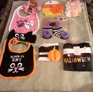 1ST Halloween Baby Accessories Set (7 PCs.) Bibs,Onesie,& Headbands NEW